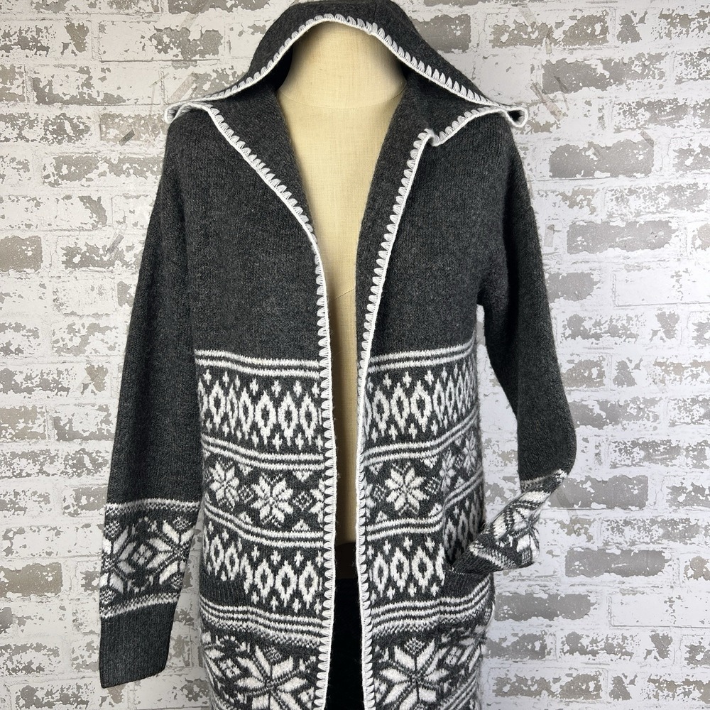 Aspen Long Sweater Cardigan Small Gray White Fair Isle Hooded Open Front Chunky